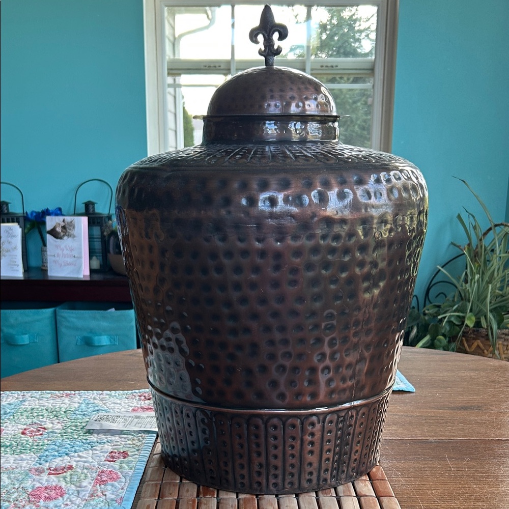 Artisan Hammered Copper Vase with Lid